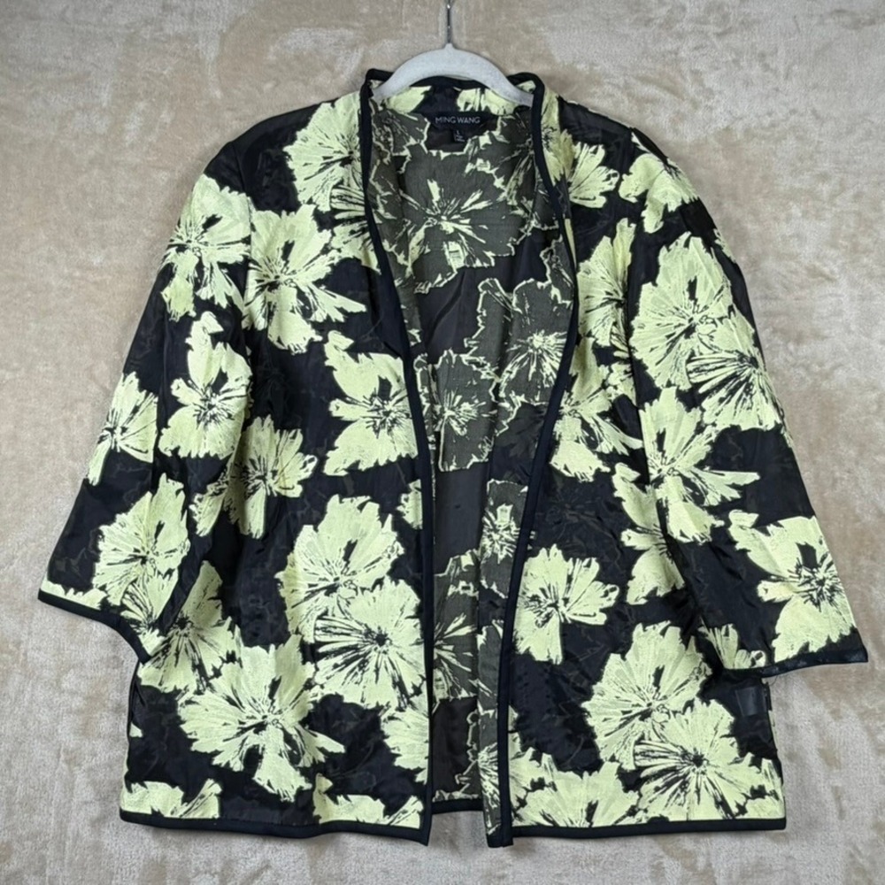 Ming Wang Womens Large Yellow Black Floral Jacquard Open Front 3/4 Sleeve Jacket